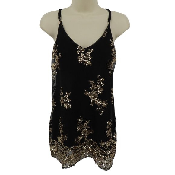 About A Girl Junior Medium Black Mesh Gold Sequin Spaghetti Strap Tank Top Shirt - Picture 1 of 11